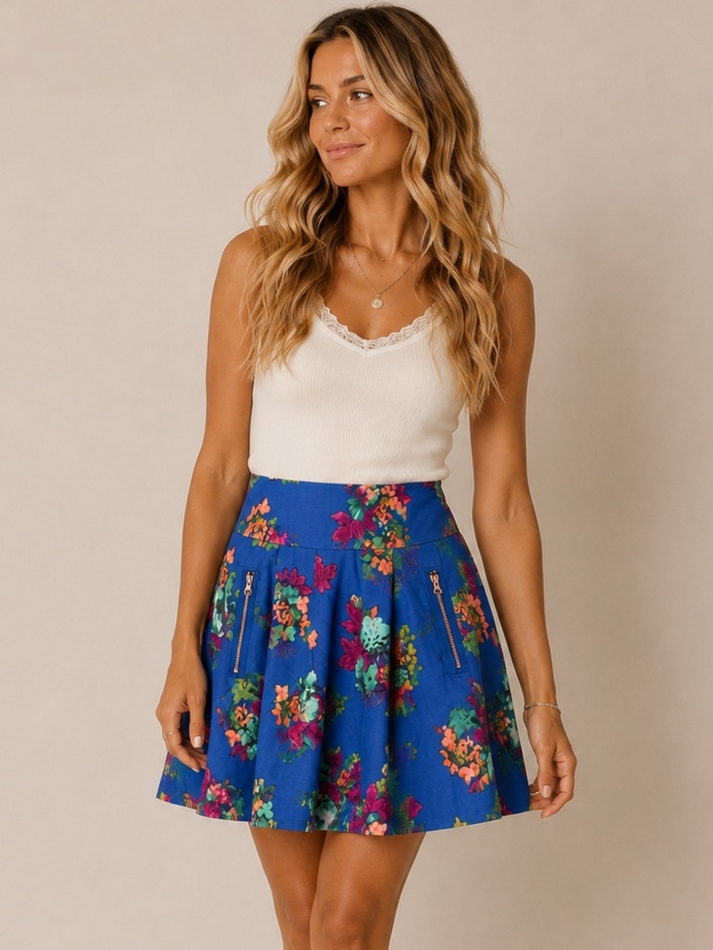 Maeve Anthropologie Garden Days Floral Mini Skirt 12P Blue Zip Pocket Anthro